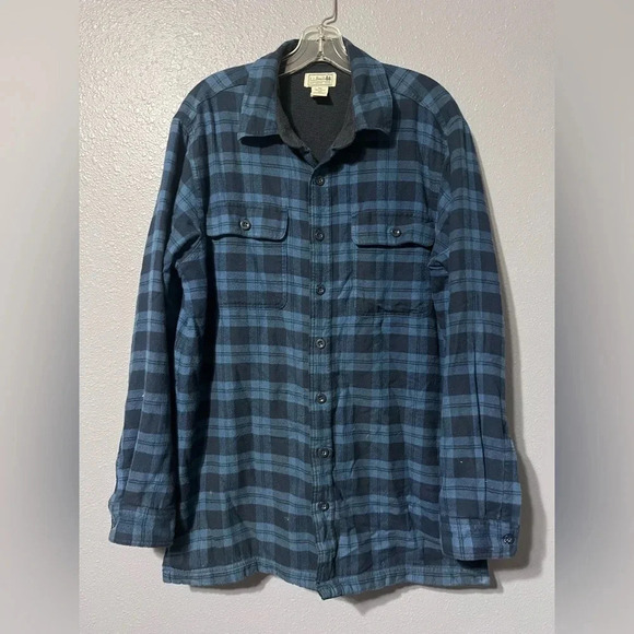 LL Bean Shirt Men's Medium TALL Fleece Lined Shacket Flannel Plaid 252749 Blue. - Picture 1 of 4